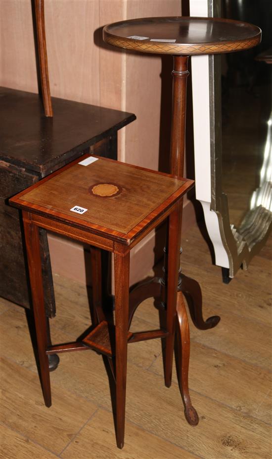 An inlaid mahogany jardiniere stand and a two tier bedside table, torchere H.100cm table H.68cm